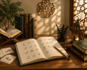 Arabic learning notebook open on a desk with Arabic letters, study materials, and a calm atmosphere for learning Arabic at home.