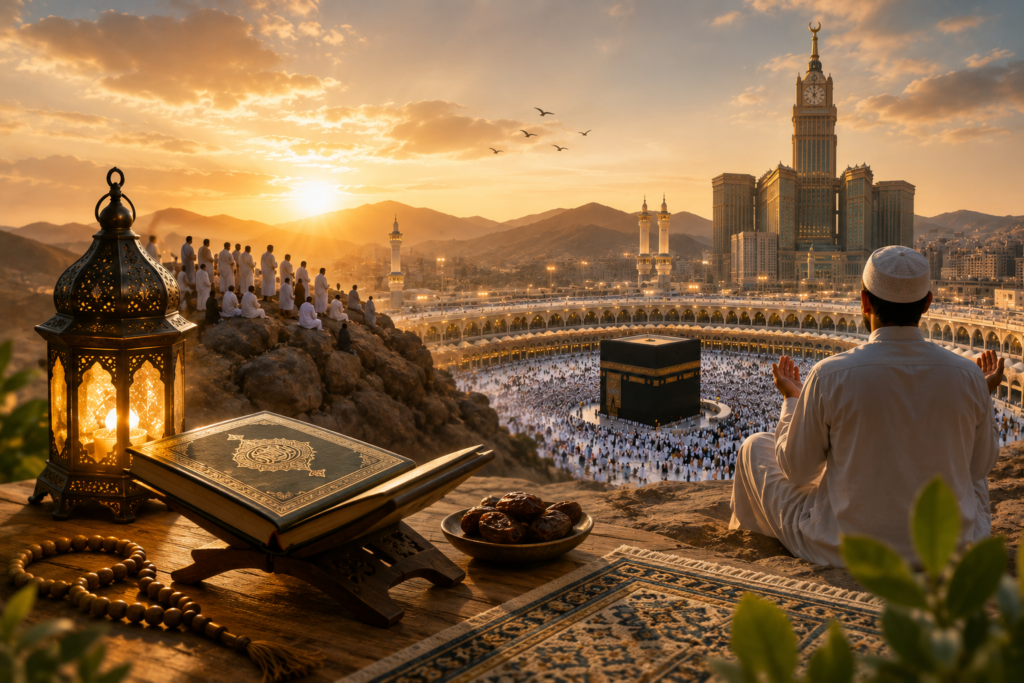 The Kaaba in Makkah surrounded by pilgrims during Hajj, symbolizing the spiritual value of the first 10 days of Dhul Hijja in Islam