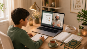 An adult student follows a private Arabic lesson online with their native teacher on a laptop, in a calm home setting