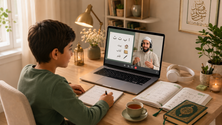 An adult student follows a private Arabic lesson online with their native teacher on a laptop, in a calm home setting