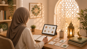 Beginner student writing Arabic alphabet letters by hand in a notebook, representing Arabic learning for beginners