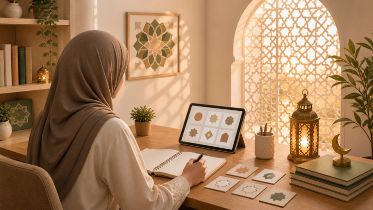 Beginner student writing Arabic alphabet letters by hand in a notebook, representing Arabic learning for beginners