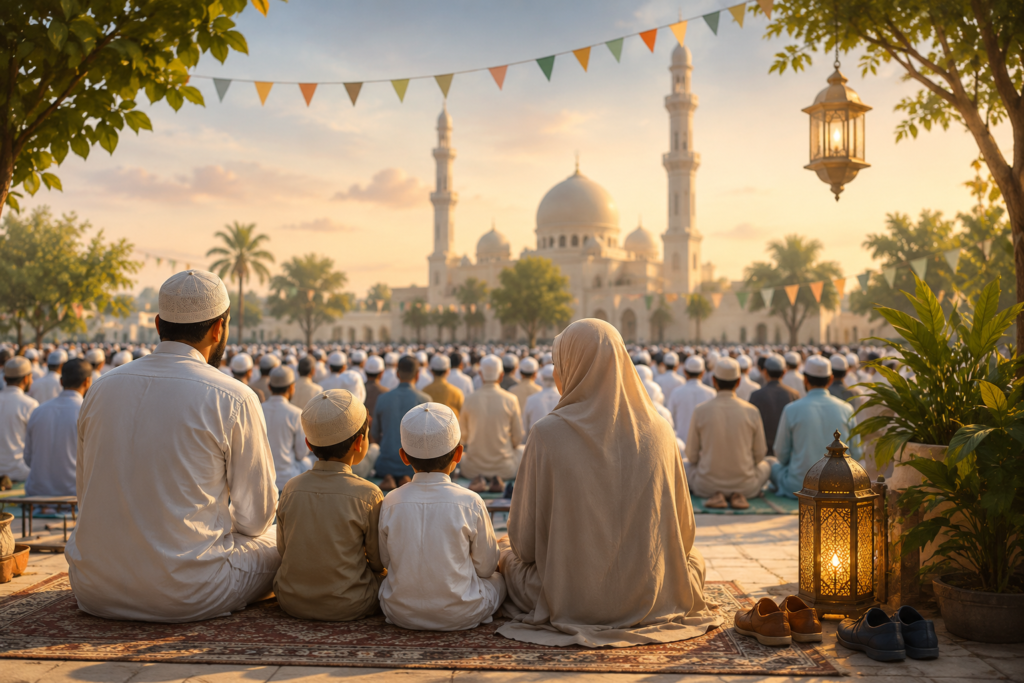 Muslim worshippers standing in rows during the outdoor Eid prayer, performing the collective takbirat