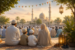Muslim worshippers standing in rows during the outdoor Eid prayer, performing the collective takbirat