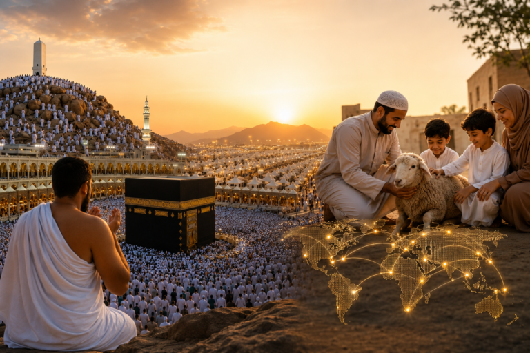 Pilgrims in white ihram garments gathered in Makkah during Hajj, symbolizing the spiritual connection with Eid al-Adha
