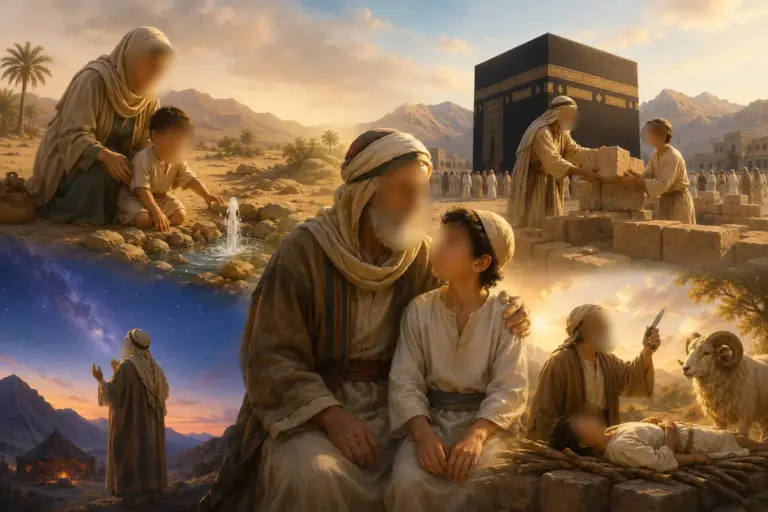 Parent reading an illustrated book about Prophet Ibrahim to their child, transmitting the Quranic story of Ibrahim and Ismail
