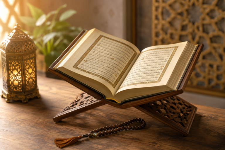 Illustrated chart of the main Tajweed rules (Madd, ghunnah, qalqalah) with Quranic examples for learning correct Quran recitation