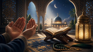 Open Quran with hands raised in supplication, symbolizing powerful Quranic duas and the supplications of the prophets in Islam.
