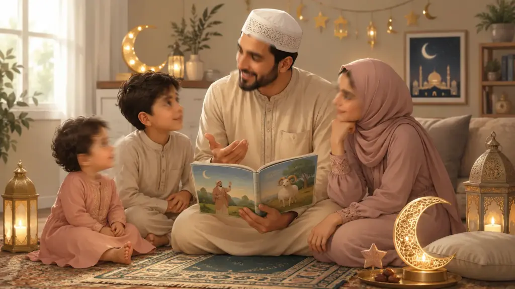 Parent and child reading an illustrated book about the prophets together to understand the meaning of Eid al-Adha