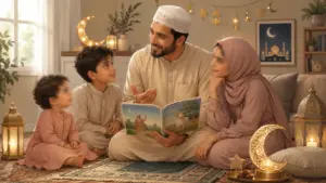 Parent and child reading an illustrated book about the prophets together to understand the meaning of Eid al-Adha