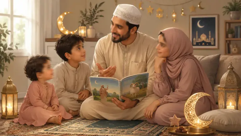 Parent and child reading an illustrated book about the prophets together to understand the meaning of Eid al-Adha