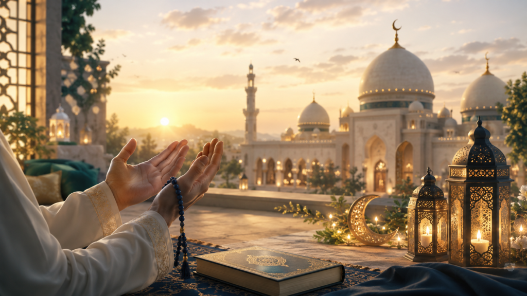 Hands joined in supplication during Eid prayer, representing the duas recited on the Islamic day of celebration