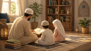 A Muslim father sitting with his young children, reading together from an open Quran book in the living room