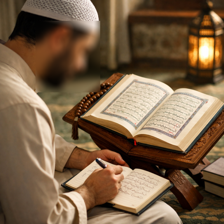 Étudiant musulman apprenant l’arabe du Coran pour mieux comprendre les versets, approfondir sa prière et méditer les paroles d’Allah