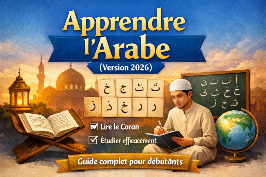 Illustration d’un cours d’arabe en ligne pour débutants avec alphabet arabe, étude du Coran et apprentissage progressif depuis chez soi