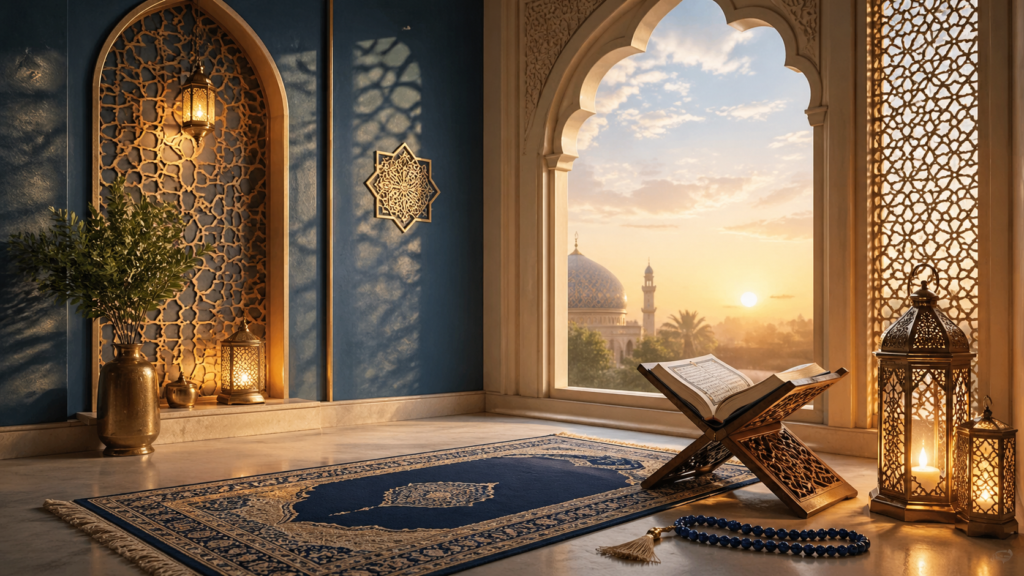 Personne sereine en position de recueillement islamique, mains ouvertes en supplication, dans un espace calme et apaisé baigné de lumière naturelle