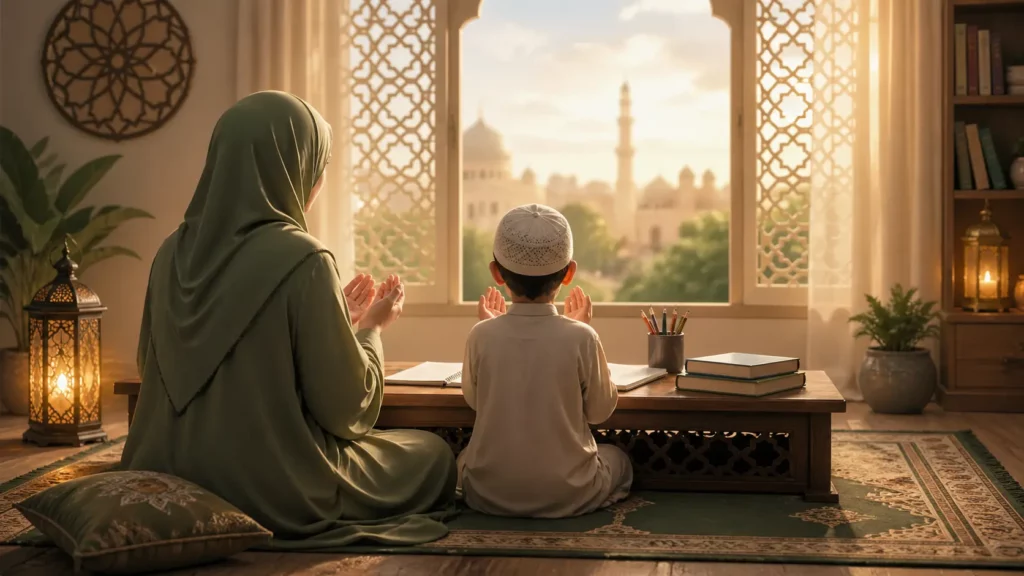 Parent musulman et enfant récitant une invocation ensemble avant un examen, dans une atmosphère familiale sereine et bienveillante