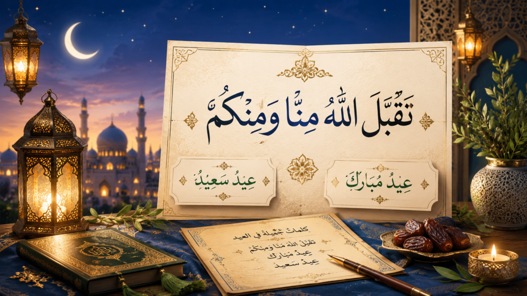 Calligraphie arabe élégante de la formule "Taqabbal Allahu minna wa minkum — Aïd Mubarak" sur fond décoratif islamique doré