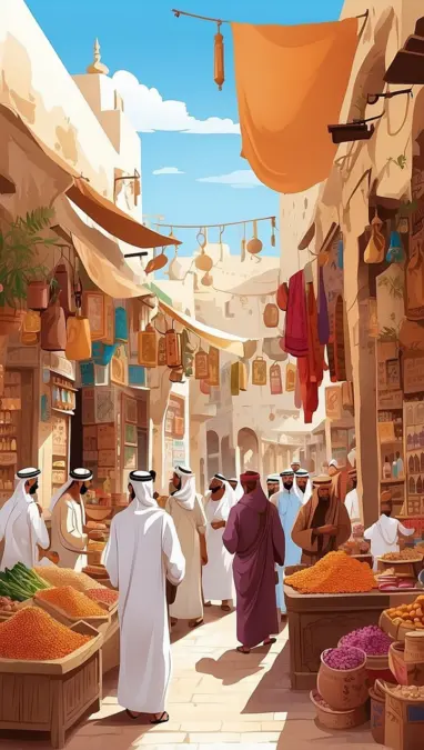 Illustration de souk arabe avec ruelle et tissus suspendus