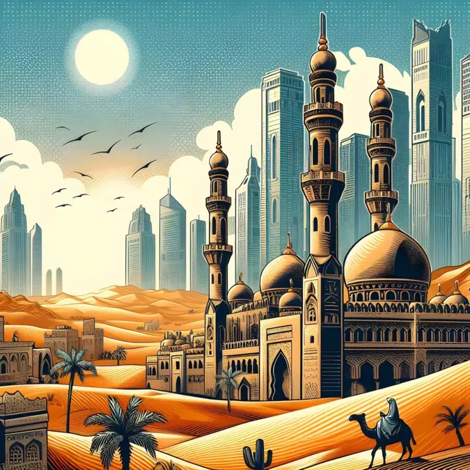 Illustration of mosque, desert and modern Arab skyline
