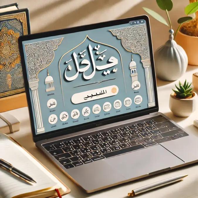 Ordinateur affichant une plateforme d’apprentissage de l’arabe