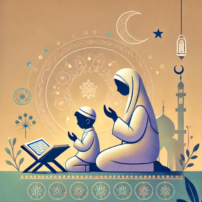 Mère et enfant invoquant Allah près du Coran