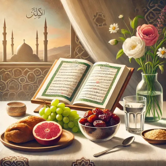 Coran ouvert avec aliments halal sur une table
