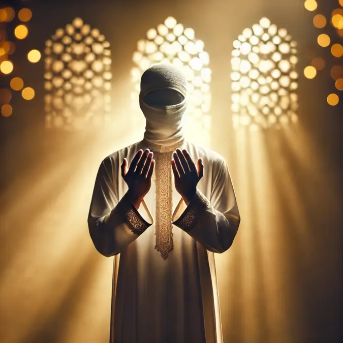 Homme invoquant Allah dans une mosquée lumineuse