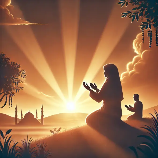 Woman making dua at sunset