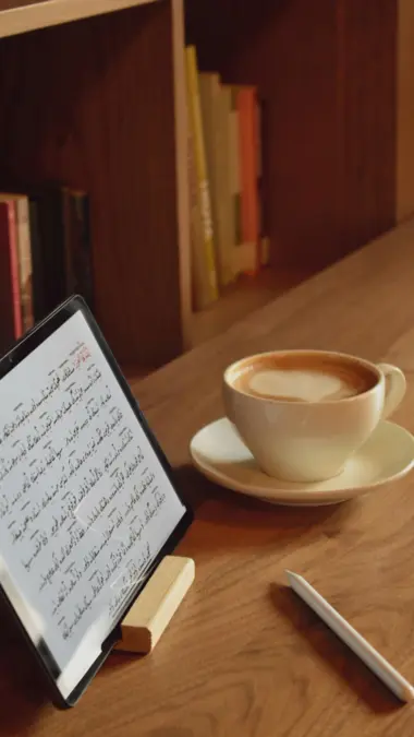Student learning Arabic online using a digital tablet and a cup of coffee