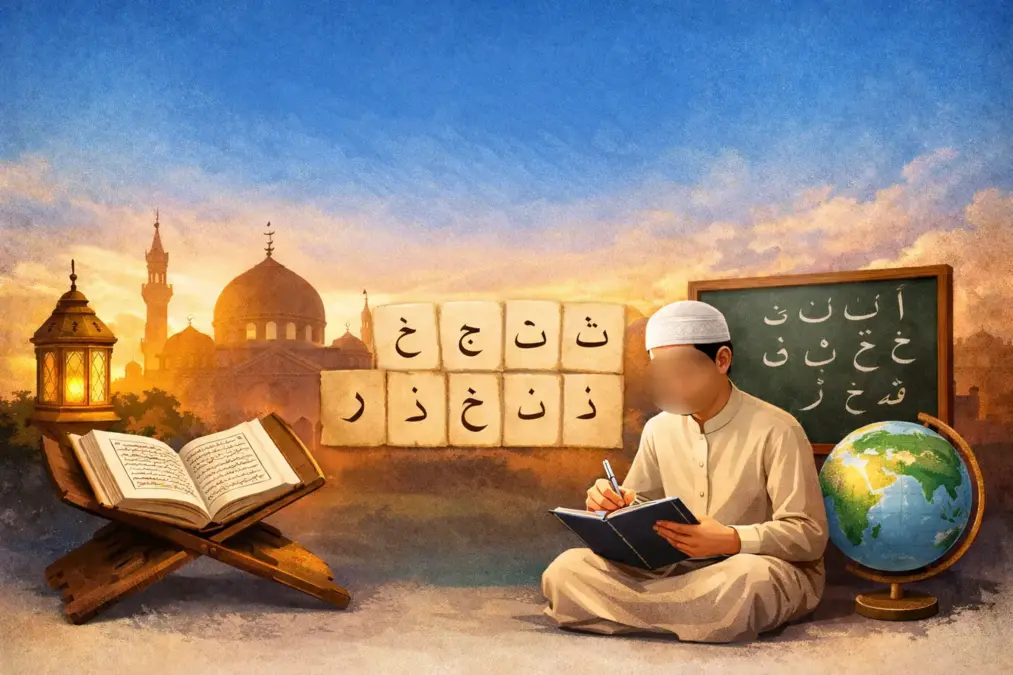 Illustration d’un cours d’arabe en ligne pour débutant francophone avec alphabet arabe, apprentissage du Coran et étude à distance