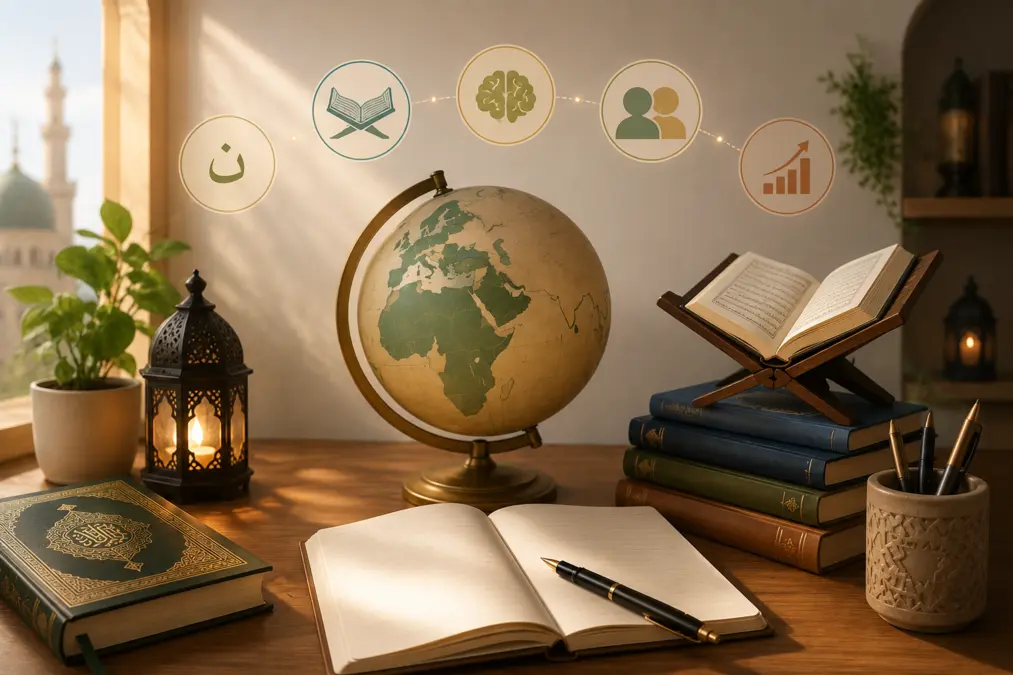 Adult learner studying Quranic Arabic with a textbook and notebook, illustrating a realistic timeline for learning the Arabic language