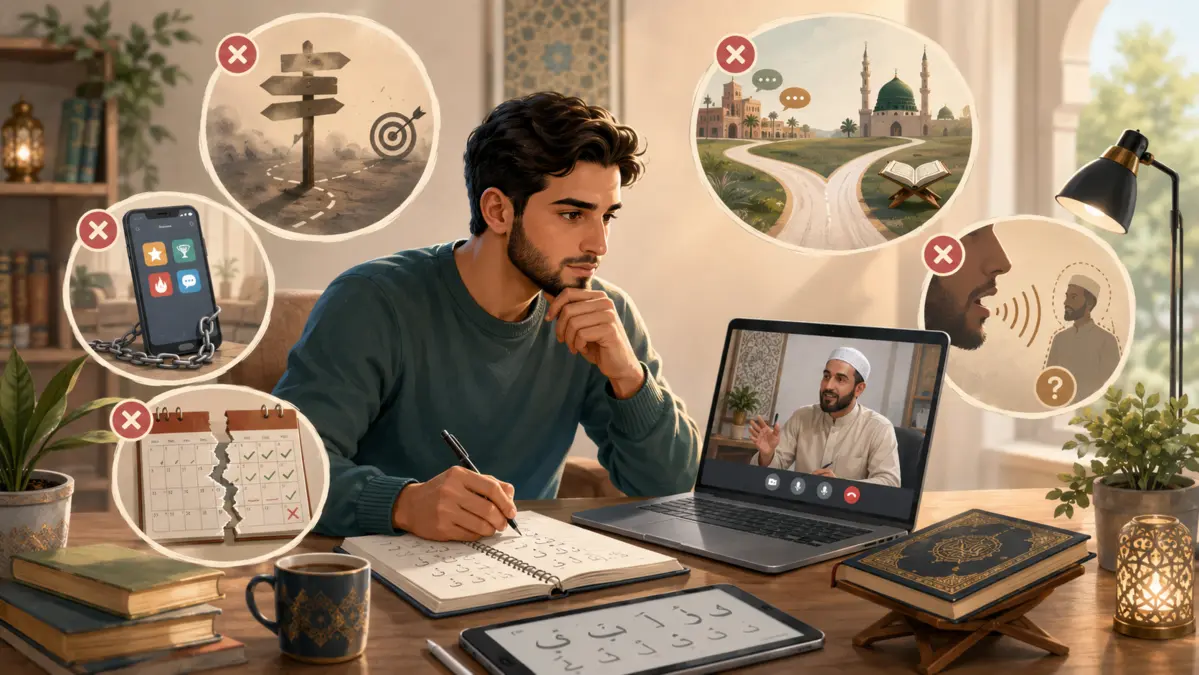 Illustration d’un adulte suivant un cours d’arabe en ligne avec un professeur, un cahier et des notes d’apprentissage sur son bureau.