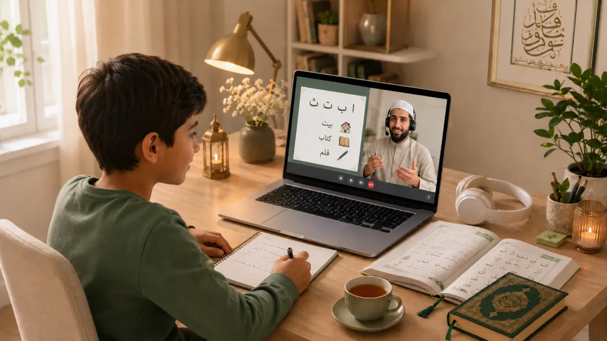 Un étudiant adulte suit un cours particulier d'arabe en ligne avec son professeur natif sur son ordinateur, dans un cadre calme à domicile