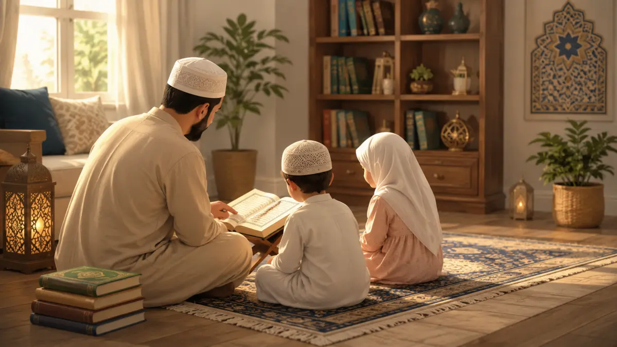 Un père musulman assis avec ses jeunes enfants, lisant ensemble un livre du Coran ouvert sur la table du salon