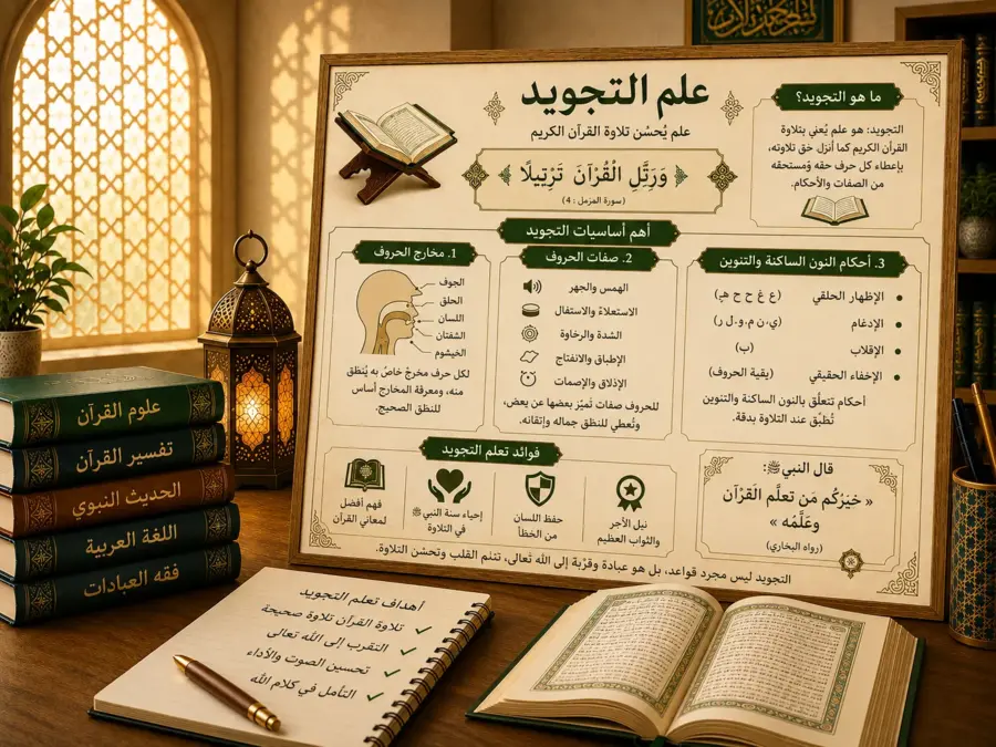 Affiche pédagogique sur le tajwid et l’alphabet arabe