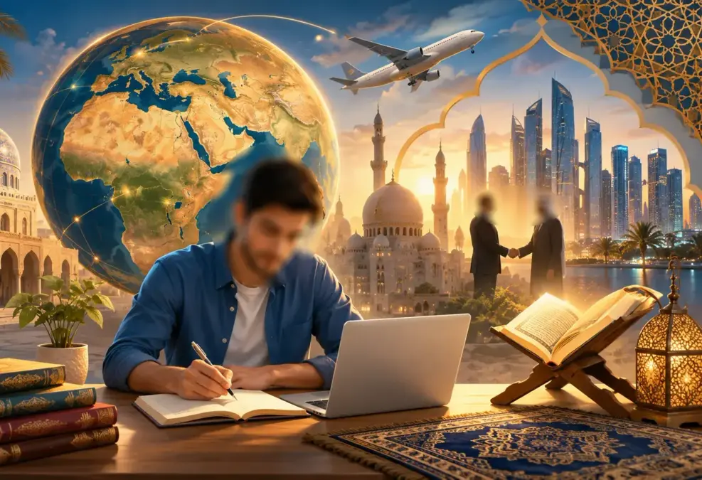 Étudiant apprenant l’arabe avec ordinateur et Coran