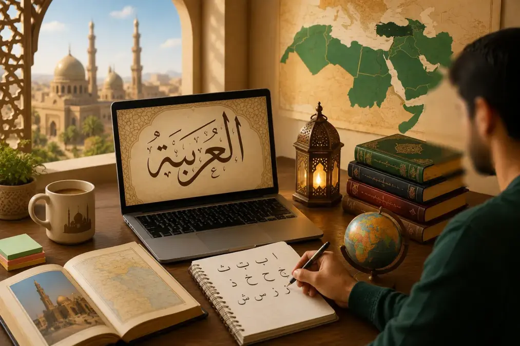 Student learning Arabic with laptop and notebook