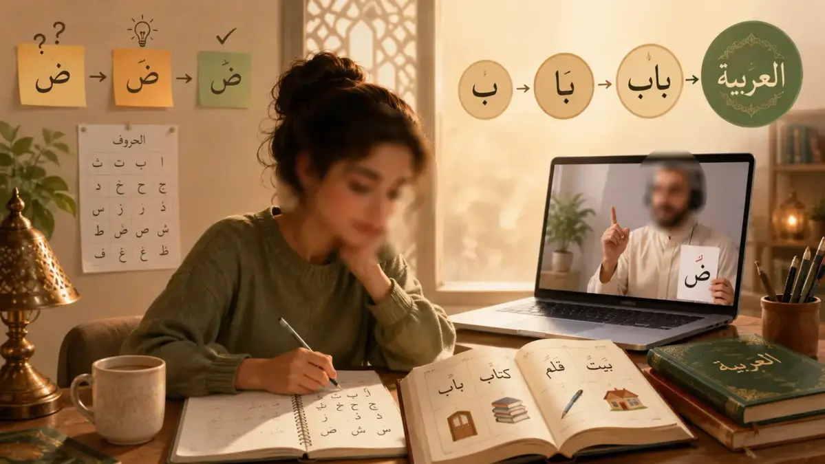 Étudiante suivant un cours d’arabe en ligne