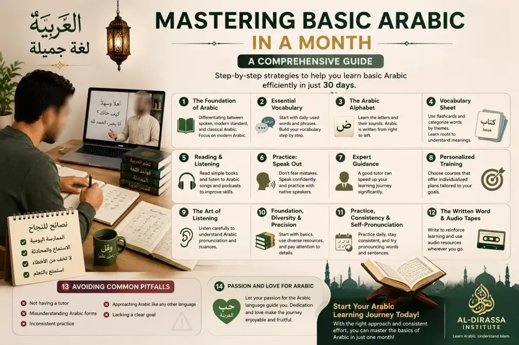 Infographie sur l’apprentissage des bases de l’arabe en un mois