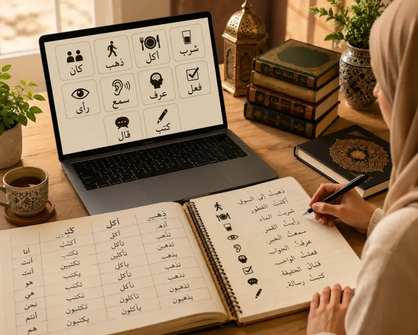 Étudiante apprenant les verbes arabes avec ordinateur et cahier