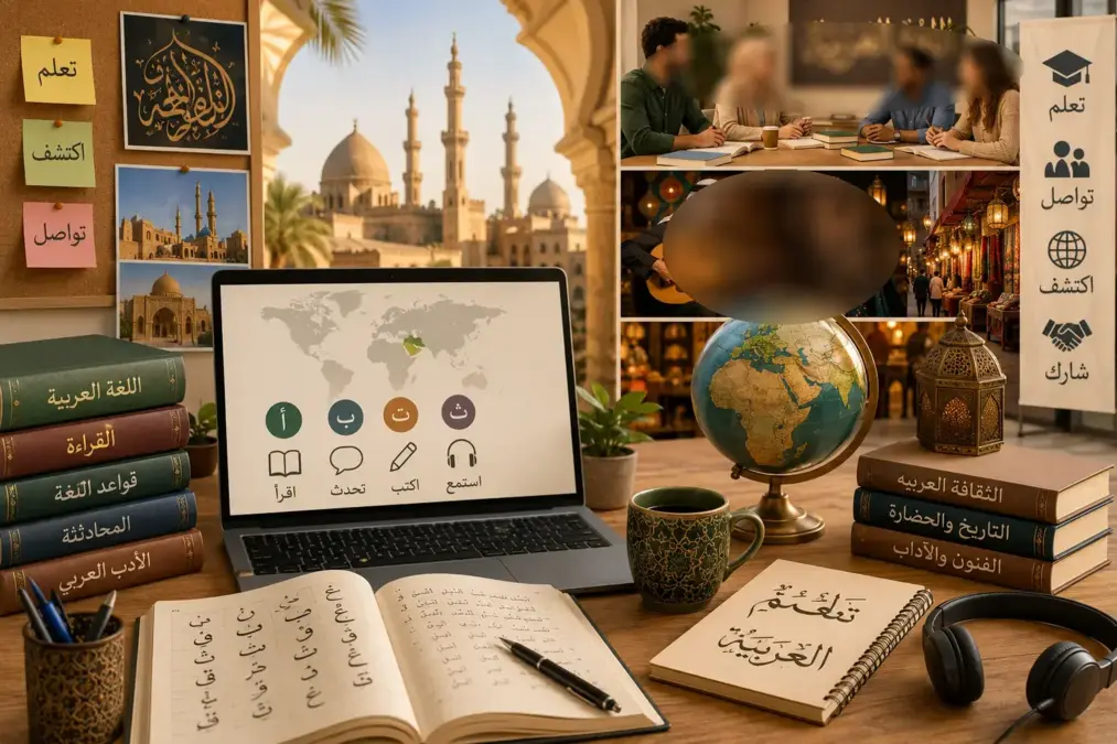 Bureau d’apprentissage de l’arabe avec livres et ordinateur