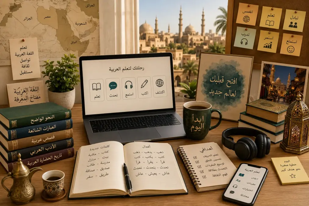 Bureau d’apprentissage de l’arabe avec ordinateur, livres et cahiers