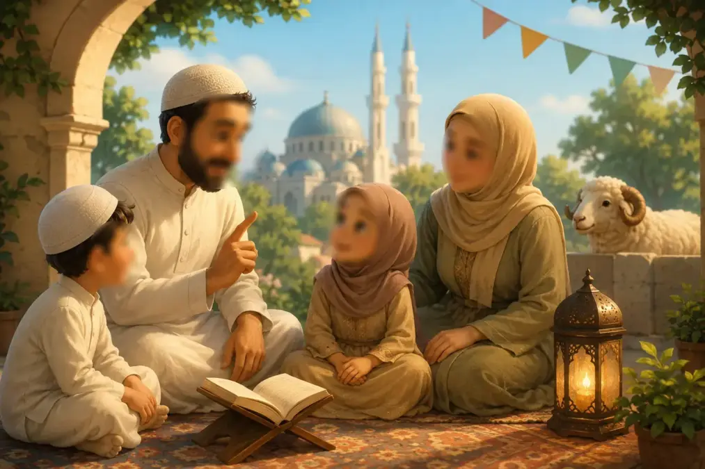 Famille musulmane expliquant l’Aïd al-Kébir aux enfants