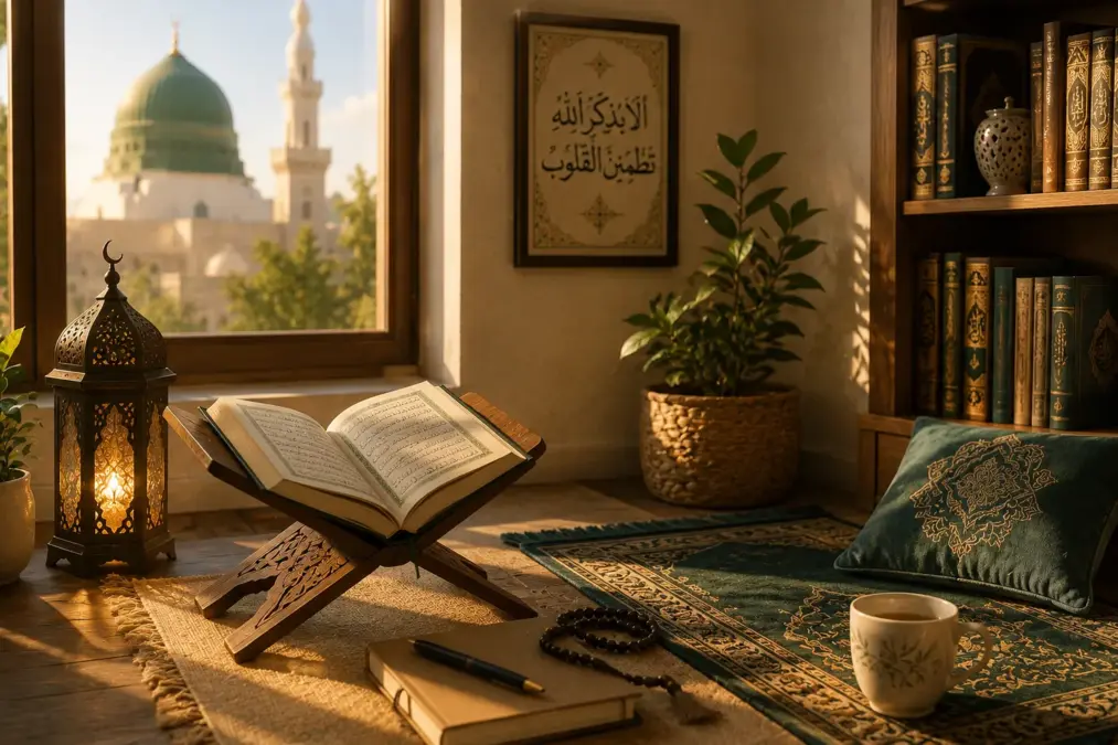 Coran ouvert dans un espace de dhikr musulman