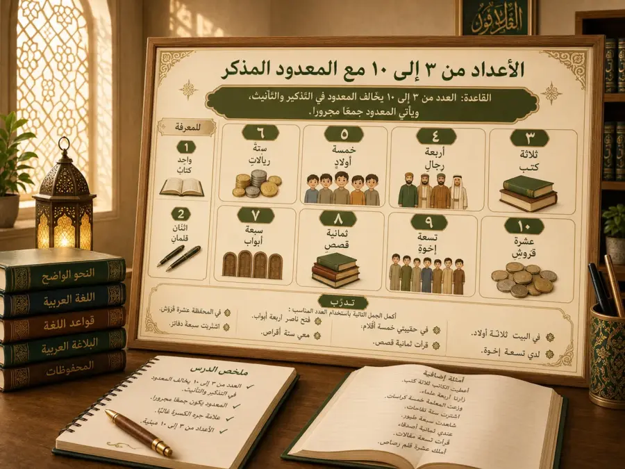 Illustrated lesson on Arabic numbers from 3 to 10