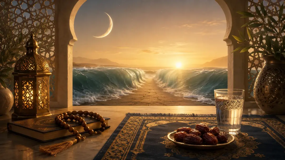 Illustration of the Ashura fast with Quran, dates and water