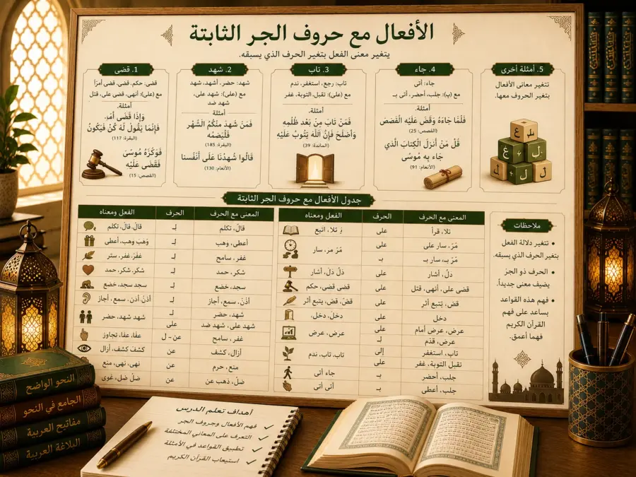 Arabic grammar chart about verbs with fixed prepositions