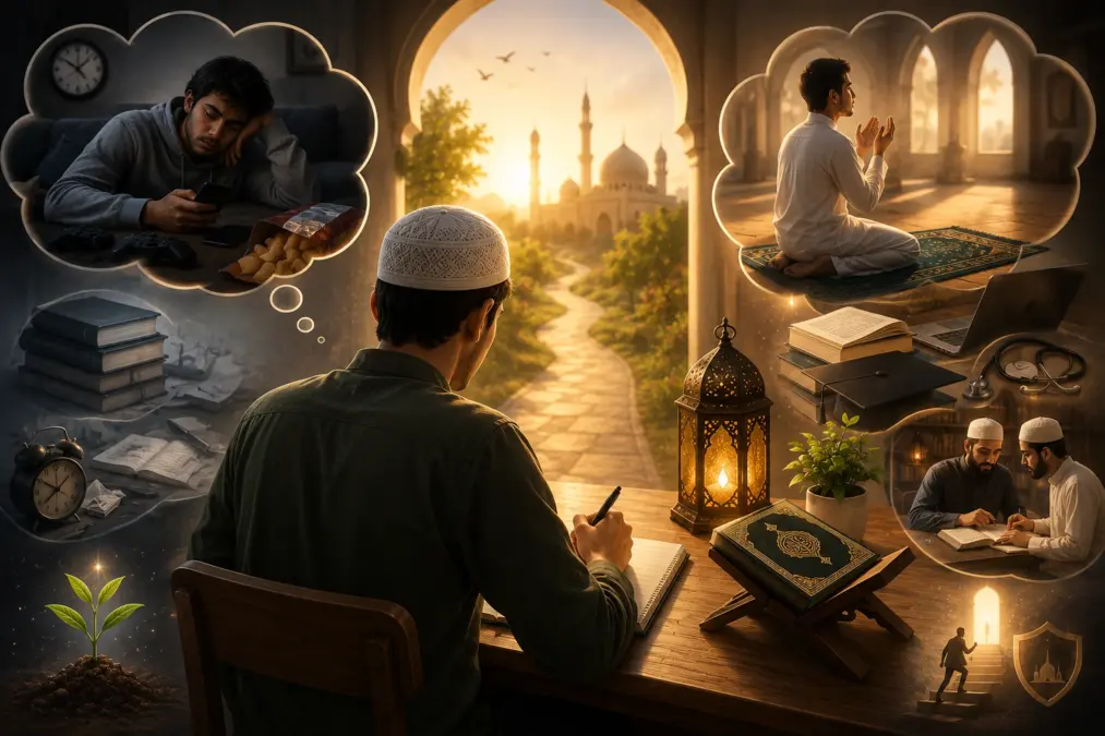 Musulman étudiant la science en Islam avec Coran et invocations