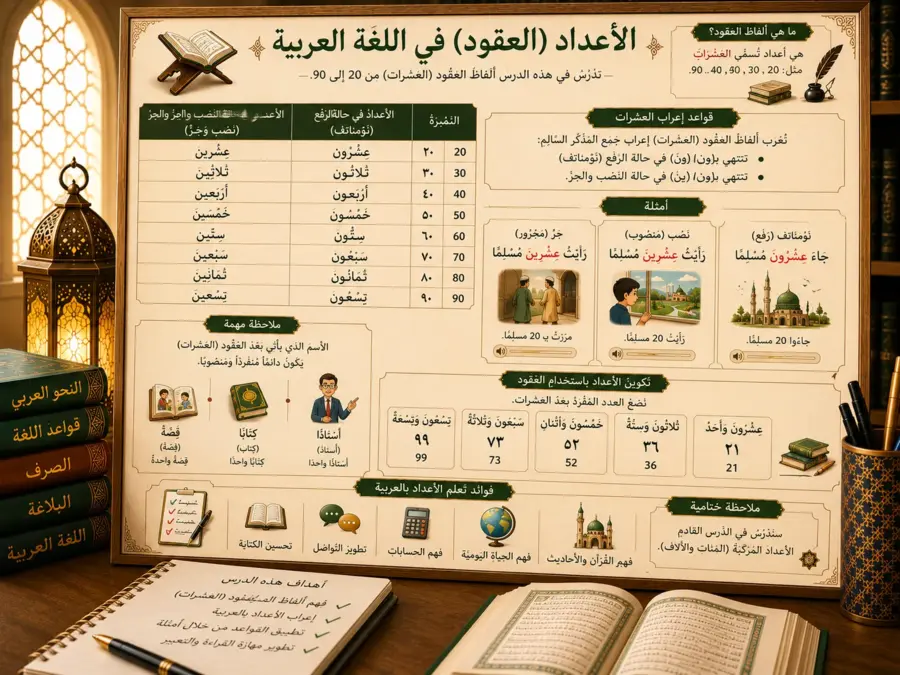 Arabic numbers lesson about tens from 20 to 90